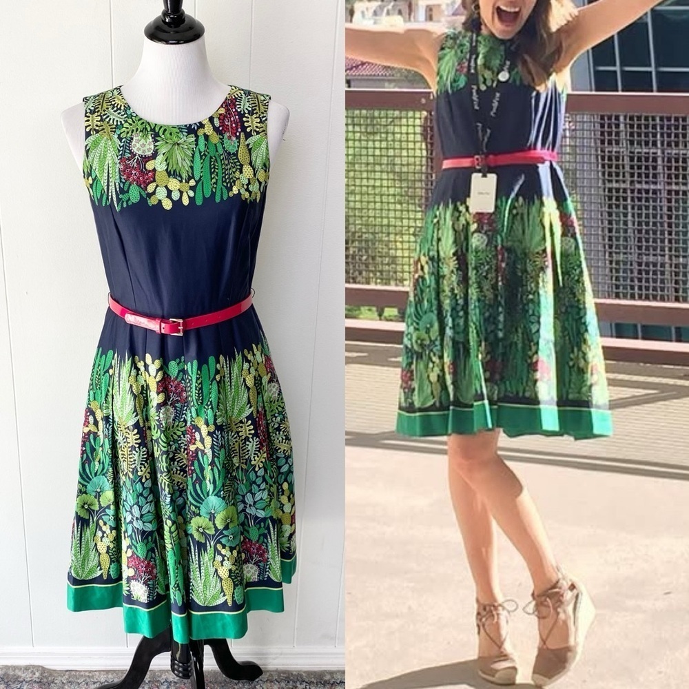 Tommy Hilfiger Cactus Floral Plant Print‎ Fit &Flare Pleated Dress Sz 4/S Zipper